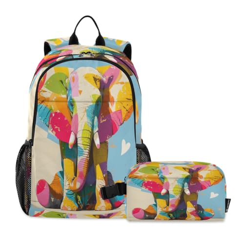 Sac à dos étudiant éléphant coloré et sac à déjeuner pour garçon et fille