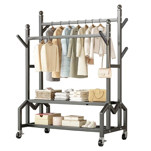 ZENSTYW Burro De Ropa Con 2 Barras,Perchero Burro Con Ruedas,Estante De Almacenamiento De Dos Niveles,Marco Metálico,Organizador,Almacenaje Multifuncional(Gray,150cm/59in)