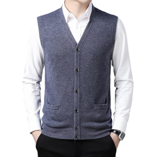 Mens V-Neck Knitted Sweater Vest 100% Wool Sleeveless Button Down Cardigan Vest with Pocket