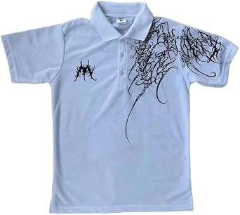Mens Y2K Goth Print Polo T-Shirt Casual Vintage Oversize Punk Button-Down Collar Tops Grunge Summer Streetwear Shirt