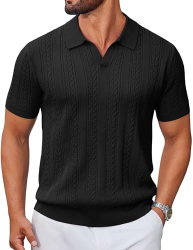 COOFANDY Mens Knitted Polo Shirts V Neck Short Sleeve Knit Polo Shirts Flexible Casual Work Golf T Shirt Black