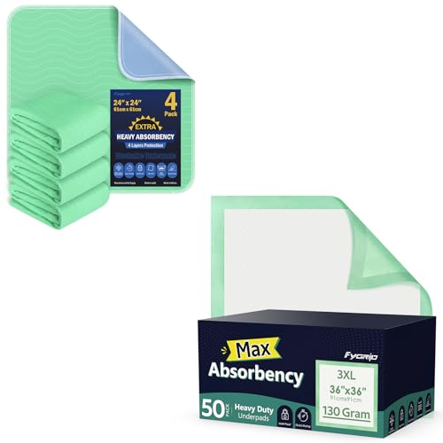 Image of Fygrip 4 Pack 24 inch x 24 inch Extra Heavy Absorbency Washable Underpads & 50 Count Hospital Grade 130 Gram 36 inch x 36 inch Max Absorbency Disposable Underpads