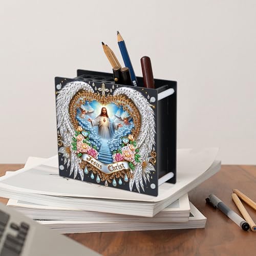 Image of Jesus Diamond Painting Pen Holder, DIY 5D Crystal Rhinestones Diamond Art Pencil Organizer, Decorative Desk Storage for Home and Office Supplies, Perfect for Storing Pens, Pencils, and Rulers