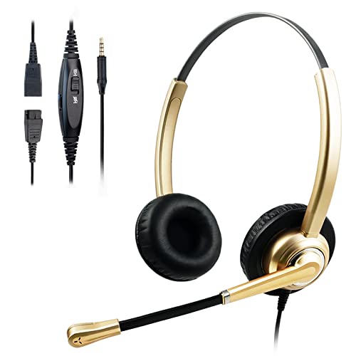 Headset with Microphone, 3.5mm Stereo Volume Control and Mic Mute, Lightweight PC Headset with Noise Cancelling for Computer, Tablets and Cell Phones in The Office, Classroom or Home Gold Headphone