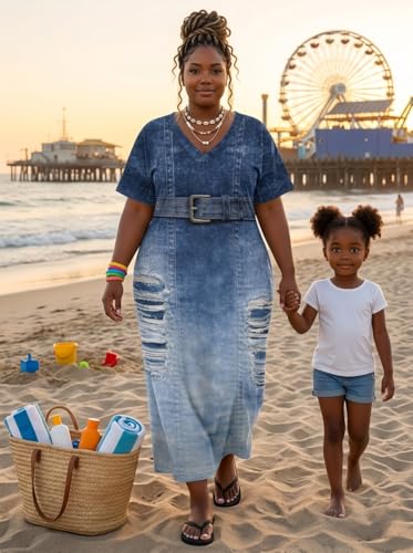 Image of SUZONANA Plus Size Denim Print Maxi Dresses for Women Casual V Neck Short Sleeve with Pockets Soft Jean Look Dress XL-6XL