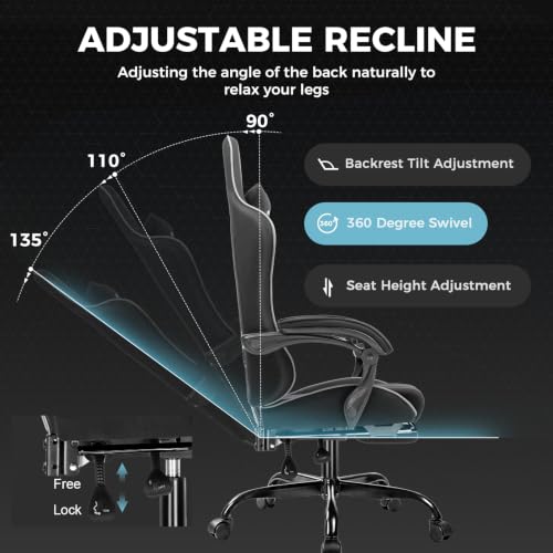 Image of GTPLAYER Gaming Chair, Computer Chair with Footrest and Lumbar Support, Height Adjustable Game Chair with 360-Swivel Seat and Headrest and for Office or Gaming (All Black-Fabric)