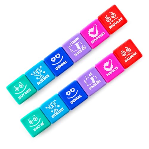 Pack 6 Sellos Escolares - Especial Profesores en 6 Colores y 7 Idiomas, Hasta 1000 Impresiones por Sellos en caja transparente by Office Box (Pack ESP - CAT)