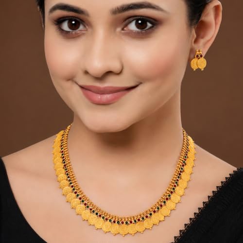 Image of ZENEME Jewellery Set Gold Plated Long Traditional Maharani Beads Studded Temple Coin Necklace Set with Earrings Jewellery For Women & Girls