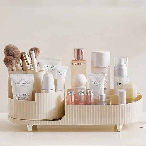 Image of Kesi Rotating Makeup Organizer For Vanity, Large Capacity for Cosmetics 360 Rotating Bathroom Organizer, Cosmetic Perfume Storage Organizer for Dressing Table Countertop Makeup Room (Off White)