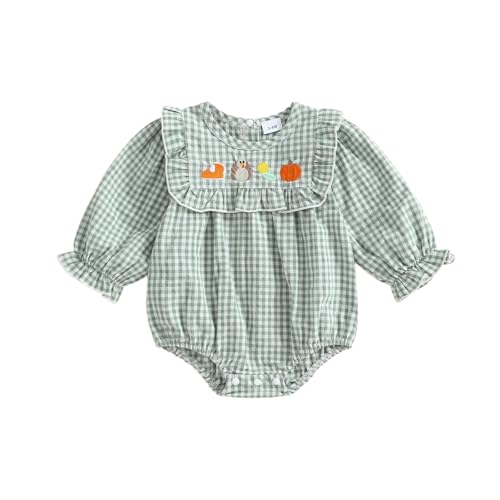 Baby Girl Thanksgiving Outfit - Turkey Embroidered Long Sleeve Plaid Bubble Romper - Cute Infant Girl Fall Clothes