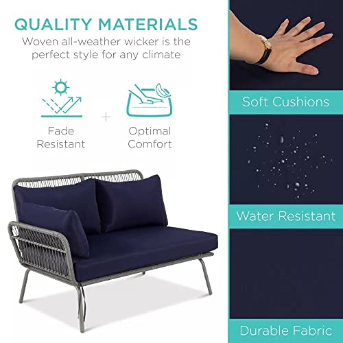 Image of DEVOKO 3 Piece Outdoor Comfortable L-Shaped Sectional Rope Conversation Lounge Sofa Set with Glass Top Table for Balcony, Patio, Garden, Pool (Grey & Navy-Blue)