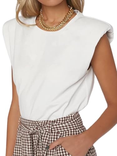 SOFIA'S CHOICE Women's Shoulder Pad Tops Casual Round Neck Loose Sleeveless Tank Top T-Shirt White Medium