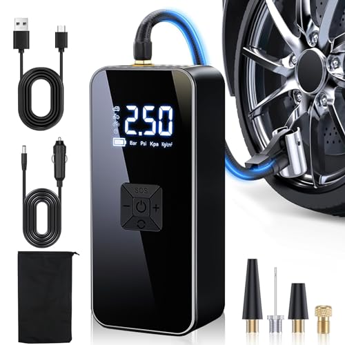 Cordless Tyre Inflator,Rechargeable Tyre Inflator Air Compressor,Auto Shut Off Car Tyre Pump with Preset&150PSI Digital Pressure Gauge&Power Bank&Light&4 Nozzles for Car, Motorcycle, Bicycle&Ball Cordless Tyre Inflator,Rechargeable Tyre Inflator Air Compressor,Auto Shut Off Car Tyre Pump with Preset&150PSI Digital Pressure Gauge&Power Bank&Light&4 Nozzles for Car, Motorcycle, Bicycle&Ball