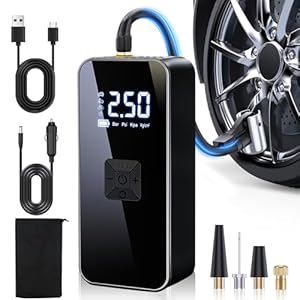 Cordless Tyre Inflator,Portable & Rechargeable Car Tyre Inflator Air Compressor with Preset Auto Shut Off &150PSI Digital Pressure Gauge&Power Bank&Light&4 Nozzles for Car, Motorcycle, Bicycle&Ball