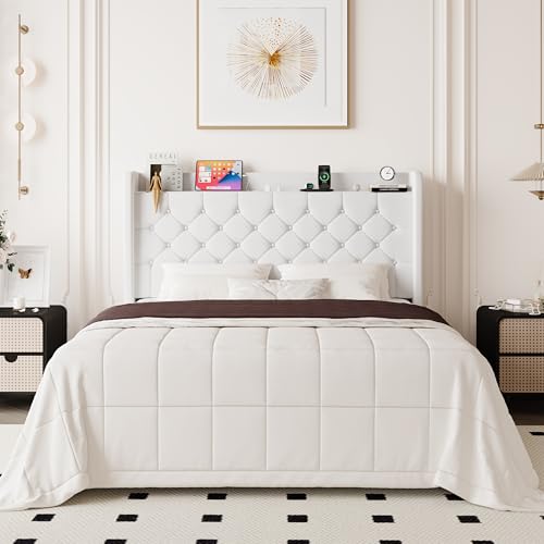Allewie Full Size Bed Frame Storage Headboard with Charging Station Wingback Velvet Upholstered Diamond Stitched Button Tufted Sturdy Wooden Slats No Box Spring Needed Easy Assembly White