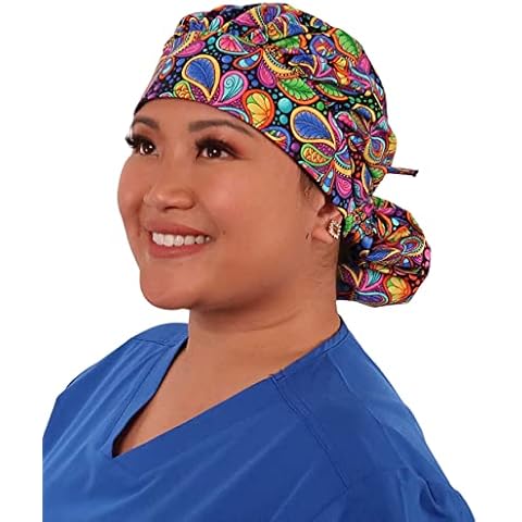 Sparkling EARTH Bright Flower Paisley Banded Bouffant Ponytail Classic Surgical Style Scrub Working Cap - Made in The USA! Cover