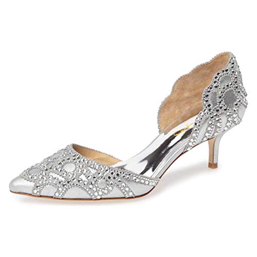 Image of XYD Women's Pumps, Elegant Pointed Toe, D'Orsay Kitten Low Heels, Rhinestone Studs, Slip-On Satin Shoes for Wedding