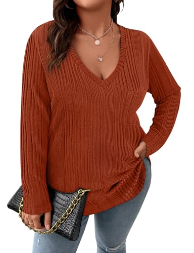 Image of Koscacy Women Plus Size Casual Knit Sweater with Pocket V Neck Solid Color Tops Lightweight Long Sleeve Blouses