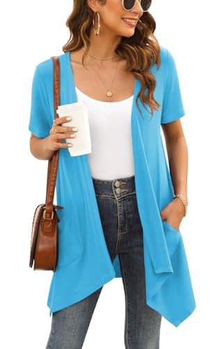 Image of Veryoung Floral Short Sleeve Cardigans for Women Casual Drape Open Front Lightweight Summer Cardigan with Pocket High Low Hem
