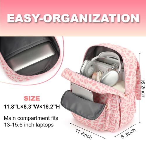 Image of Women Laptop Backpack, Corduroy 15.6 inch Travel Backpack for Work College Business, Teacher Nurse Bag with Large Capacity School Bookbag Bags for Girls - Leopard Pink
