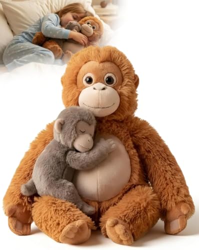Rundream Monkey Stuffed Animal 19-Inch Mama Punch Monkey Plush Protect Stuffed Animal with Orangutan Cute Monkey Holding Orangutan Plush Soft Punch Orangutan Throw Pillow (19 Inch)