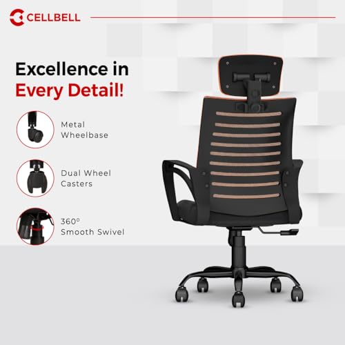 Image of CELLBELL Desire C104 Mesh High Back Ergonomic Office Chair - Adjustable Seat Height, Sturdy Metal Base, Revolving Study & Computer Chair for Work from Home, Orange