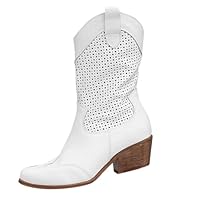 Cow Girl Boots Women Women's Spring Autumn And Winter Thick Heel Pointed Toe Long Large Size V Neck Not Above The Knee Personality Cowboy Mid Calf Boots Wide Fit Wedge Shoes Lined Chunky Heel Boot