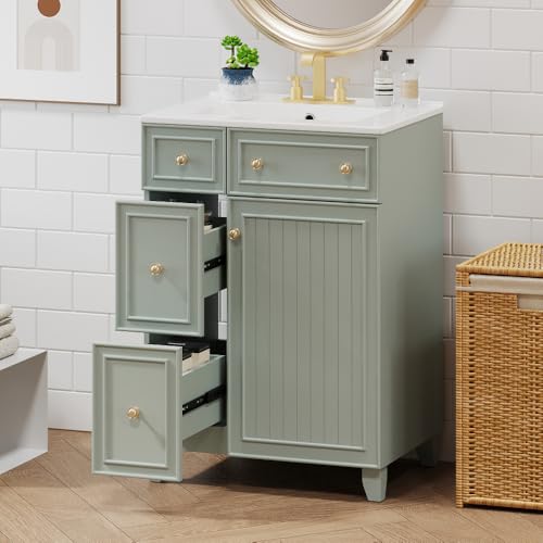 Image of 24 Inch Bathroom Vanity with Ceramic Sink, Freestanding Vanity Cabinet with 2 Drawers and 1 Door (Green)