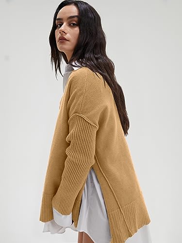 Image of DEEP SELF Women's V Neck Oversized Sweaters Long Batwing Sleeve Split Hem Pullover Asymmetric Loose Casual Knit Tops