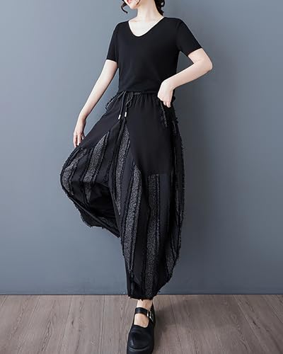 ellazhu Women's Pants Irregular Stripe Contrast Color Patchwork Elastic Wasit Harem Pant with Pocket GZ4924