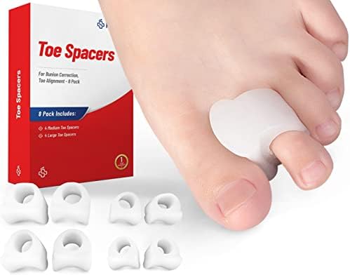 [8 Pack ] Ped-Rx Silicone Gel Toe Separators Spacers - to Correct Bunions, Hallux Valgus, Straighten Overlapping Toes, Realign Crooked Toes, Hammer Toe (4 Bigger, 4 Smaller)