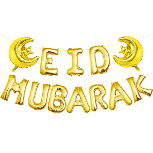 Eid Mubarak Alphabet Balloon - 16" Gold Alphabet Letters Foil Mylar Balloon Blessed Feast Festival Party Banner,Eid Decorative Balloons Banner Set,Glitter Moon Star balloons,Eid Mubarak Party Decor