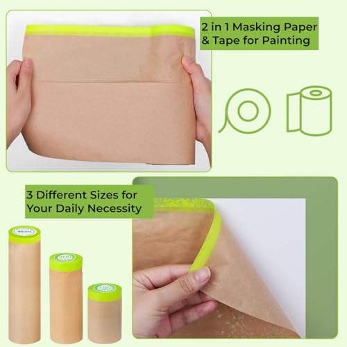 Image of Pre-Taped Painting Masking Paper: 8 Rolls 6 Inch x 50 Feet Tape and Drape Painters Paper, Self-Adhesive Paint Protective Kraft Paper Roll