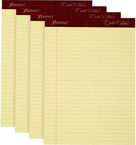 Ampad Gold Fiber Perforated Pad, Size 8-1/2 x 11-3/4 Inches, 20 Pound Paper, Canary Yellow Color, Legal Ruling, 50 Sheets Per Pad, Pack of 4 Pads (20-032R)
