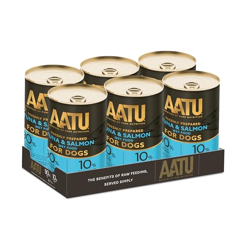 AATU 90/10 Wet Dog Food in a Tin - Tuna & Salmon (6x400g) - Grain Free Recipe - No Artificial Ingredients - Good for Low Maintenance Feeding. (Packaging may vary).