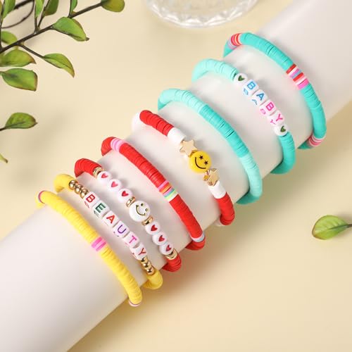 Image of Preppy Bracelets Set Colorful White Gold Smile Heart Star Polymer Beaded Pearl Clay Stackable Charm Y2K Kidcore Aesthetic Summer Beach Bohemian Stretch Layering Bracelets Jewelry for Girls Women Teens