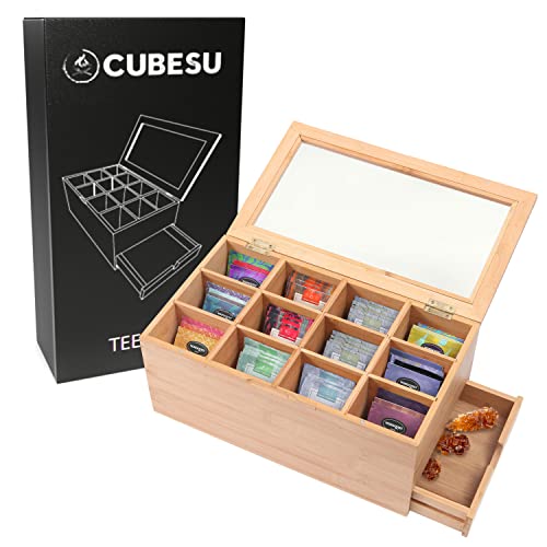 Cubesu Premium Teebox Bambus (30 x 20 x 15 cm) Teebeutel Aufbewahrungsbox mit Sichtscheibe aus Acrylglas - 12 verstellbare Fächer - große Holz Tee Box Cover