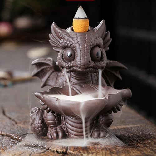 Ceramic Dragon Incense Burner, Cute Dinosaur Backflow Incense Holder with 20 Incense Cones, Tweezers, Mat, Aromatherapy Home Decoration for Spa Yoga Meditation (Brown)