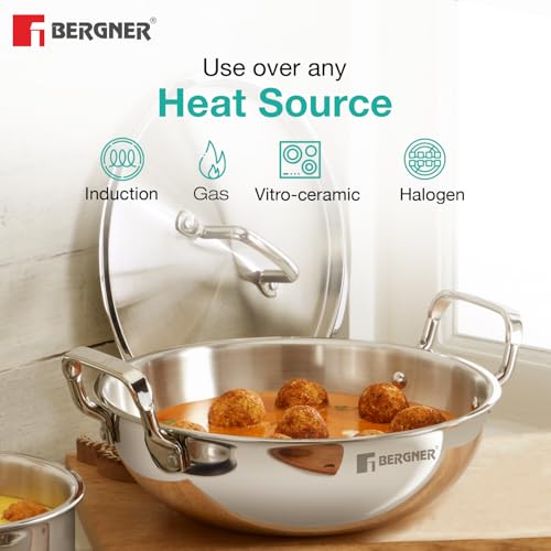 Image of Bergner TriPro 4 Pcs Tri-Ply Stainless Steel Induction Bottom Cookware Set - 22cm (2L) Kadai and 22cm (1L) Frypan with Common Stainless Steel Lid, 14cm (1L) Teapan, Less Oil Use, Easy to Clean