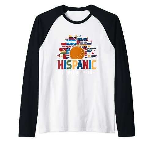 Hispanic Heritage Month Latino Countries Flags Sunflower Camiseta Manga Raglan