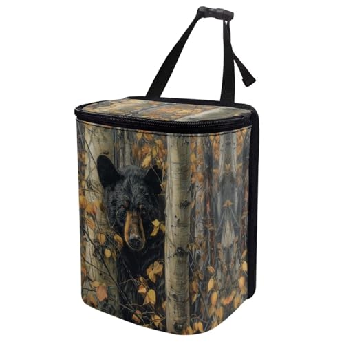 Image of Talayituse Bear Hunting Camo Print Car Trash Can with Lid, Leak Proof Auto Trash Bag Hanging Vehicle Garbage Can Multipurpose Storage Container for Back Seat Road Trip