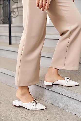 Fashare Womens Mules Dress Shoes Backless Loafers Pointed Toe Bow Gold Chain Slip On Office Work Flats Slides #TOP2