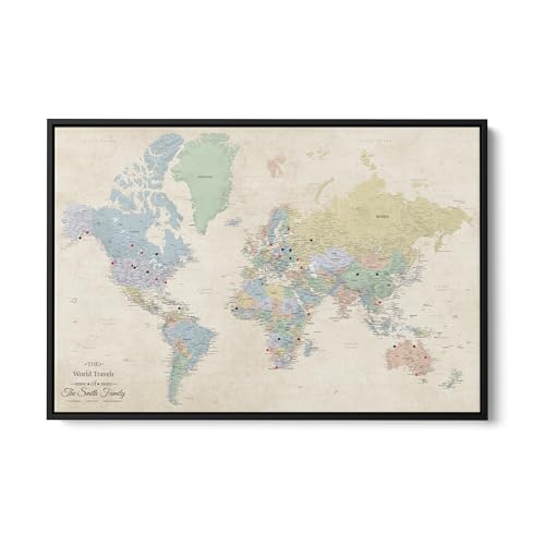 Image of Push Pin Travel Maps Sandy Dreams World Pin Board - Personalized Canvas Travel Map with Pins, Adventure Wall Art Decor for Tracking Trips - Black Float Mount Frame - 30 inch x 45 inch