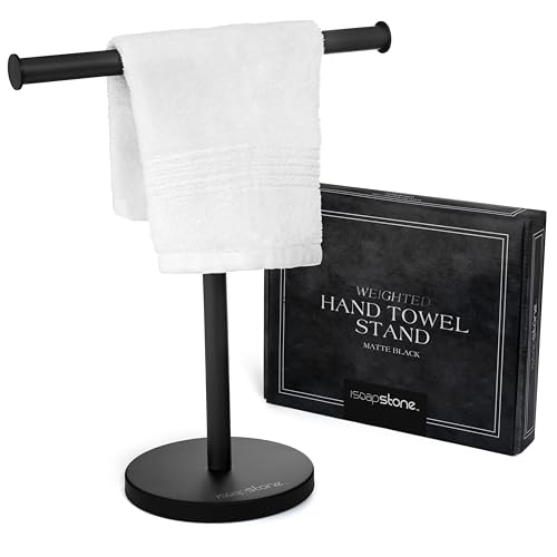 iSoapStone Luxury Hand Towel Holder Stand with Heavy Weighted Base, Matte Black Towel Rack, T-Shape, Freestanding Towel Stand for Bathroom Vanity or Kitchen Countertop, Waterproof Counter Organizer by iSoapStone - Used condition - US$23.50