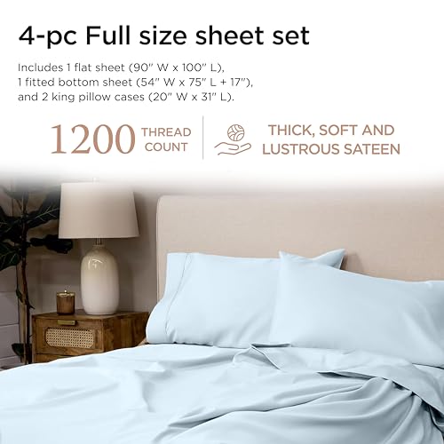 Image of Threadmill 1200TC Supima Cotton Full Sheet Set, Sateen, Light Blue, 4-Piece | 100% Supima Cotton, Sateen Weave, 4-Piece Set, 17 inch Deep Pocket, Hotel Quality, OEKO-TEX Certified, Machine Washable
