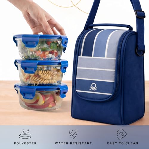 Image of United Colors of Benetton Lunch Bag Set with 3 Glass Containers | Insulated Leakproof Tiffin Bag for Office, School & Travel | Durable, Stylish, BPA-Free Food Storage Kit (Navy-Blue)