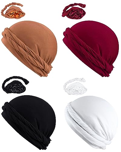 Silky Satin Lined Turban For Women Mens Halo Turban Half Pre-Tied Beanie Hats Silky Lined Durag For Waves And Locs Sleeping Bonnet Sleep Cap, Black/White/Burgundy/Khaki, 4 Pcs #TOP15