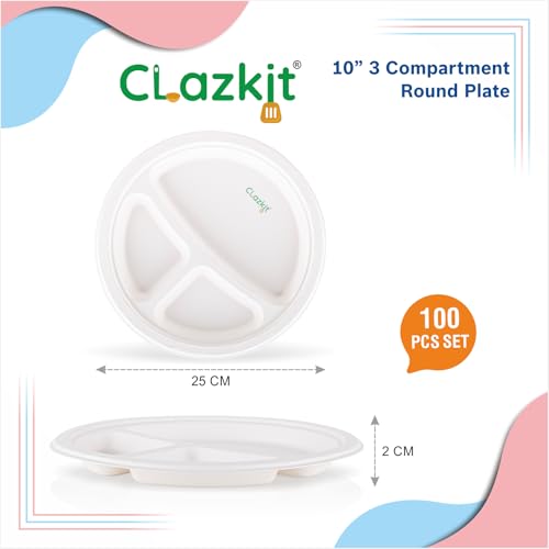 Image of Clazkit 10 Inch 100 Pack, 3-Compartment Disposable Bagasse Plates | Eco-Friendly, Biodegradable, Sugarcane Paper Plates | for Serving Dinner | Birthday, Wedding & Party | Round