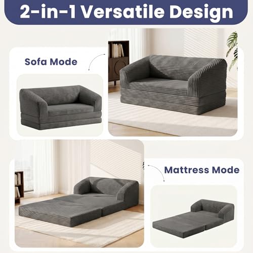 Image of JUIKURY Convertible Sofa Bed, 3-in-1 Foldable Loveseat Couch with Armrest, Corduroy Floor Sofa & Sleeper Bed, No Assembly High-Density Foam Futon Mattress for Living Room, Small Apartment, Dorm