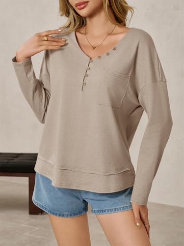Tankaneo Womens V Neck Henley Shirts Casual Long Sleeve Flowy Tees Cute Loose Fit Tops with Pocket Khaki4